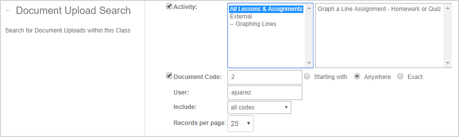 THe following fields are shown when performing a search for a specific document upload: activity, document code, user, text inclusion, and number of records per page of search results.